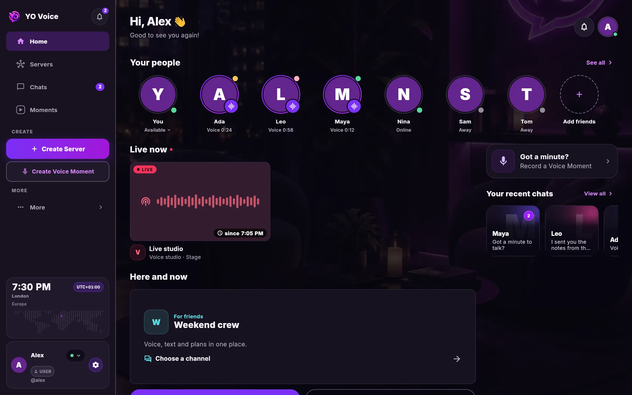 YO Voice Home on a large screen: the navigation rail with Home selected, a greeting, a Your people row of friends with their status, a Live now card with a voice waveform, a Got a minute? prompt to record a Voice Moment, your recent chats, and a Here and now card for a server.