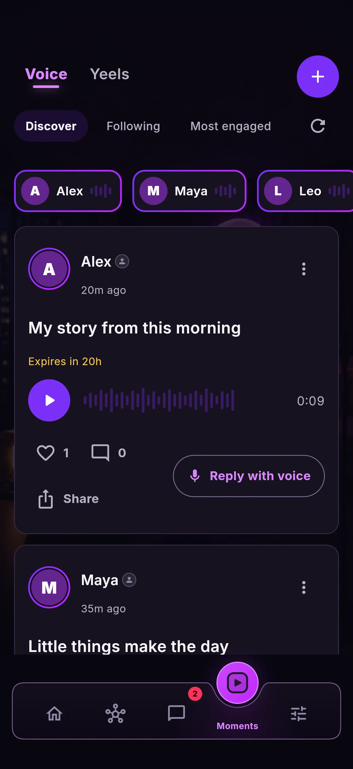 YO Moments on a phone: the Voice and Yeels switch above a feed of short Voice Moments.