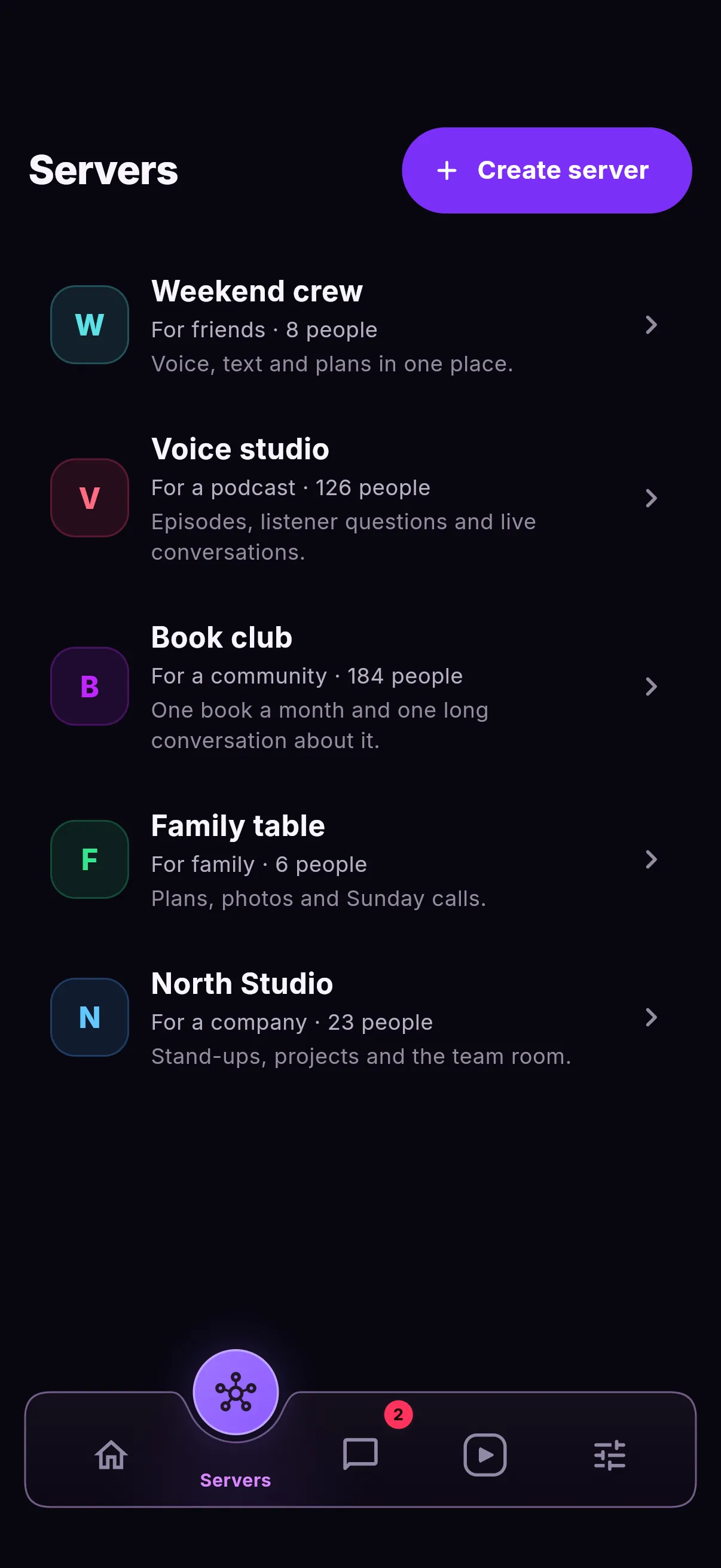Servers on a phone: a Create server button above five servers, one of each kind.